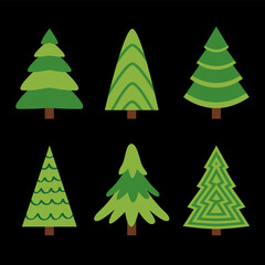 Christmas tree set. Different shape. Fir tree collection. Green pine trees template for greeting card, banner, web. New Year winter sign symbol. Flat design. Black background.