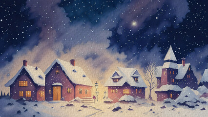 Snowy Village at Night