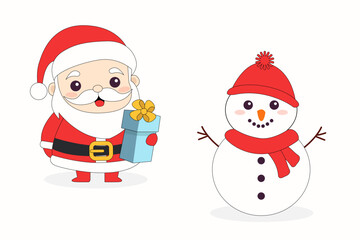 Santa Claus and Snowman. Merry Christmas icon set. Cute cartoon kawaii funny smiling baby character. Hands up. Gift box present with bow. Greeting card. Flat design. White background. Isolated.