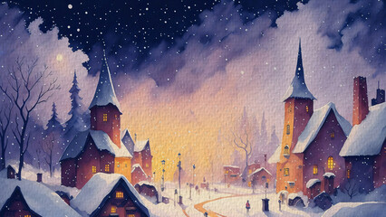 Snowy Village at Night