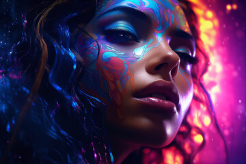 Close up portrait of Girl with colorful painted 3D hair on a dark color background. Mental health concept, enjoyment of moment. Poster, wallpaper