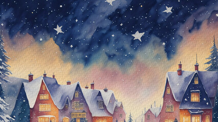 Snowy Village at Night