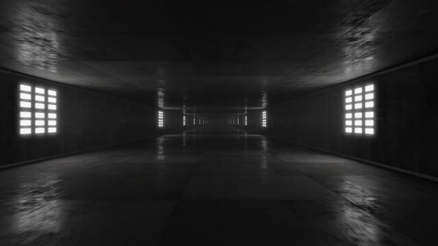 Seamless camera movement along concrete corridors with a wet concrete floor. Fog, LED spotlights.