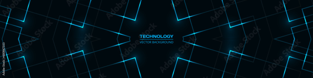 Poster black abstract technology futuristic wide banner background with blue luminous lines. vector illustr