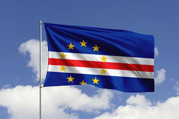 Cape Verde Islands flag fluttering in the wind on sky.