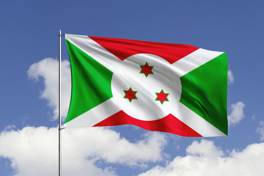 Burundi flag fluttering in the wind on sky.