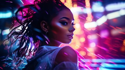 Obraz na płótnie Canvas Neon Rave. Dancer's Silhouette Against a Lively Bokeh Backdrop.