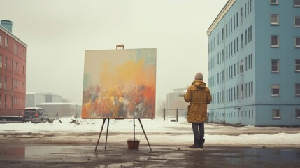 Street Artist Painting on a Canvas in the City. - obrazy, fototapety, plakaty