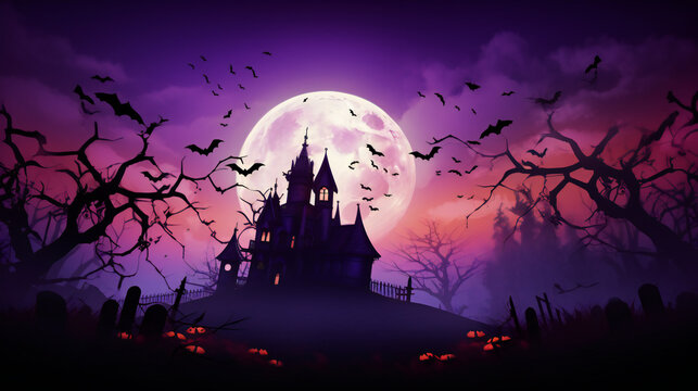a halloween castle in the woods with bats flying over it and a full moon at night time, illustration
Haunted Halloween landscape. Halloween background.

