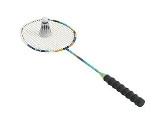 Badminton rackets and shuttlecock isolated on transparent background. 3D illustration