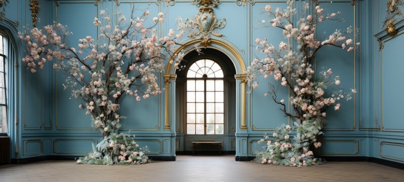 Spacious High-Ceilinged Room with Cherry Blossom Trees and Arch-Shaped Door