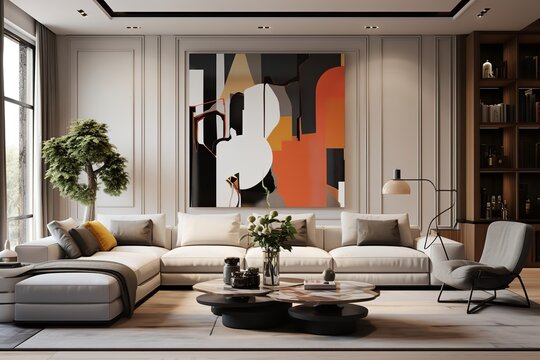 Sleek and modern living room with large sectional couch, glass coffee table, and abstract painting on wall. The clean lines and neutral colors create a minimalist and sophisticated atmosphere.