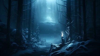 Mystischer Waldweg im Mondlicht: Ein schneebedeckter Pfad ins Unbekannte - obrazy, fototapety, plakaty