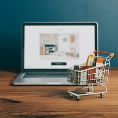 Online Shopping Concept: Mini Shopping Cart and Consumers Making Purchases in Front of a Laptop - obrazy, fototapety, plakaty