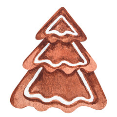 Watercolor illustration of a gingerbread Christmas tree. Drawing of handmade gingerbread