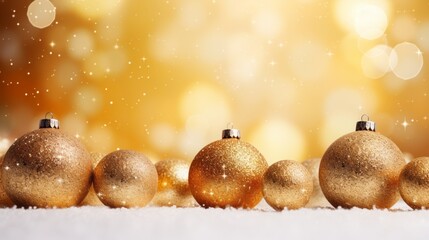 Minimalistic textured Christmas background, garland bokeh and copy space for text. New Year's card. Yellow and golden balls. Generative AI.