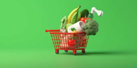 Basket with foods on green background. Supermarket shopping concept. 3d rendering, Generative AI