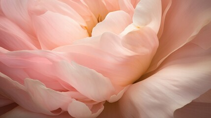 Macro capture of a blush pink peony, its ruffled petals unfurling to reveal a heart of golden stamens, with drops of morning dew accentuating its delicate beauty