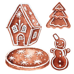 Watercolor Christmas set of cookies in the shape of a house, a man, a snowman and a Christmas tree