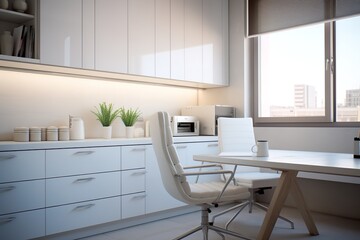 Fototapeta premium Stunning modern kitchen with sleek white cabinets, stainless steel appliances, and island overlooking a lush garden. Perfect for cooking and entertaining