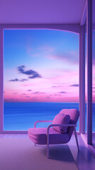 a minimalistic room with purple furniture and ocean view