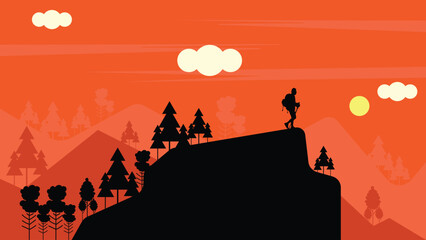 Mountain hiking and adventure concept vector illustration landscape with nature, hills and sky.