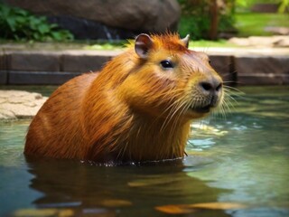 Capybara is a waterfowl. A capybara sits and enjoys in the hot water at the zoo.