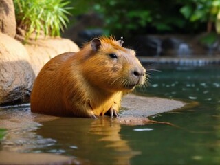 Capybara is a waterfowl. A capybara sits and enjoys in the hot water at the zoo.