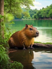 Brown capybara sitting by the lake with green forest.