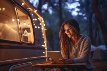 Young woman digital nomad engaging in remote work outside her vintage camper van, epitomizing the mobile, van life lifestyle, generative ai