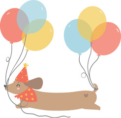 Birthday Dog, Cute Dachshund Sausage Dog with balloons , Festive and Playful Pet in Colorful Party Theme