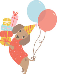 Birthday Dog, Cute Dachshund Sausage Dog with balloons , Festive and Playful Pet in Colorful Party Theme