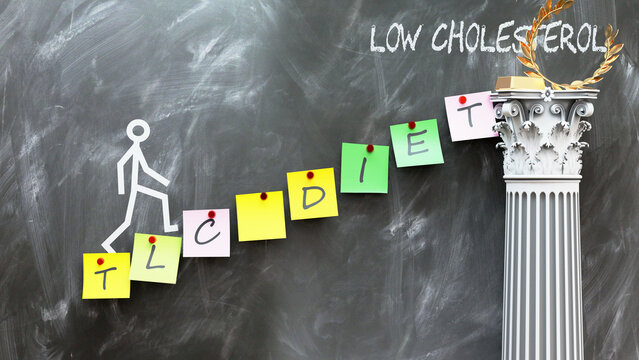 Tlc diet leads to Low cholesterol - a metaphor showing how tlc diet makes the way to reach desired low cholesterol. Symbolizes the importance of tlc diet.,3d illustration