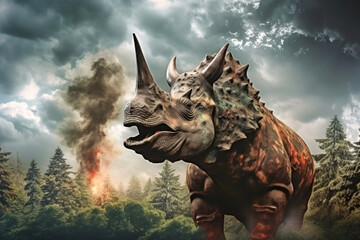 Fototapeta premium A terrible dinosaur Tyrannosaurus T-rex with an open huge mouth against a background of fire and smoke in the burning primeval jungle. Death of the dinosaurs.