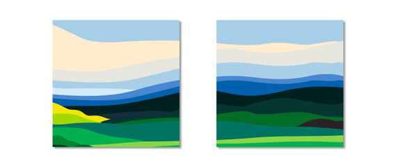 Naklejka premium Vector flat illustration. Spring or summer landscape. Square stylish poster. Colorful sky, field, grass, green hills, horizon. Flat design. The concept of nature, tourism, travel.