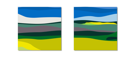 Vector flat illustration. Spring or summer landscape. Square stylish poster. Colorful sky, field, grass, green hills, horizon. Flat design. The concept of nature, tourism, travel.