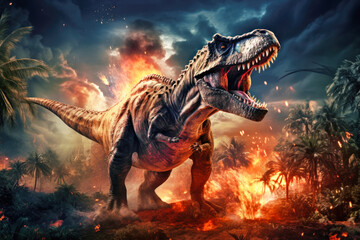 A terrible dinosaur Tyrannosaurus T-rex with an open huge mouth against a background of fire and smoke in the burning primeval jungle. Death of the dinosaurs. - obrazy, fototapety, plakaty