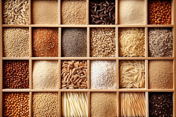 Various groats legumes, grains. Many types of cereals collected together. Agriculture and healthy eating concept. Close-up. Selective focus.