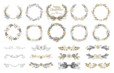 Christmas drawn wreaths with fir branches, leaves and snowflakes. Winter floral decorations, frames and borders. Vector illustration