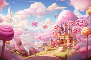 A whimsical candyland with giant lollipops, candy canes, and cotton candy clouds. 