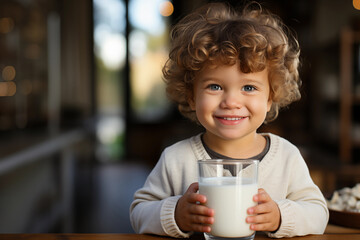 little boy sitting at the table in home kitchen and holding glass of milk
