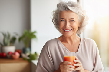 happy senior woman with juice in glass at home kitchen - obrazy, fototapety, plakaty