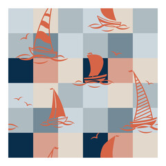 Yachts with waves and seagulls on a background of colored squares.