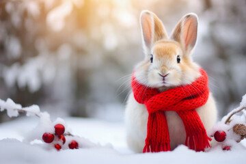 beautiful little rabbit in red knitted scarf with fabulous winter snowy forest on the background