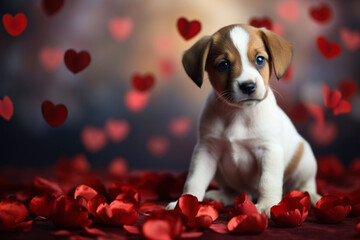 adorable puppy with red hearts on the background
