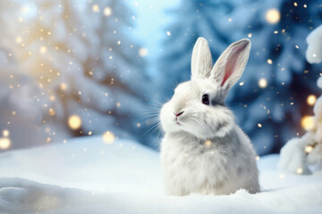 beautiful rabbit with fabulous winter snowy forest and bokeh on the background