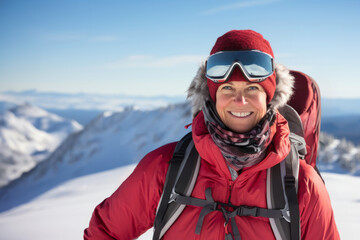 Fototapeta na wymiar happy senior woman in winter sports clothing and ski glasses with snow covered mountains on the background