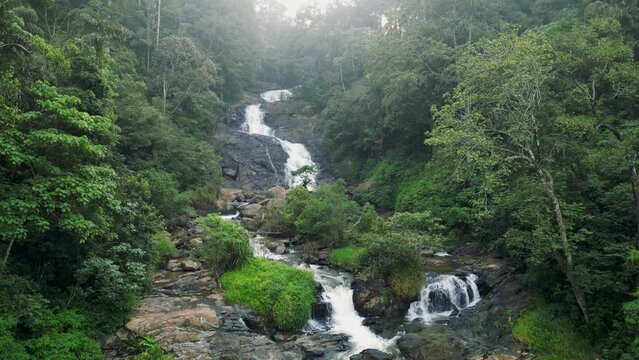 Aerial view of scenic Kote Abbey water falls in Coorg, Karnataka, India.