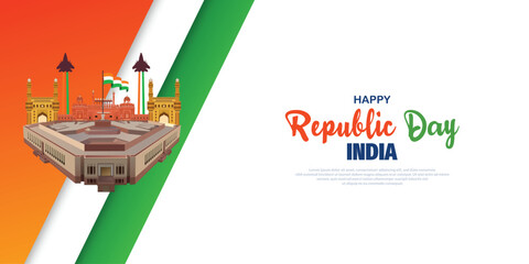 Indian republic day 26 January orange and green watercolor background social media banner or poster  design red fort, vector file