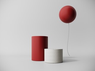 Minimalistic showcase, display. Premium podium, concrete stand on pastel, light background bright red element. Mock up for exhibitions, presentation of products - 3D, render.